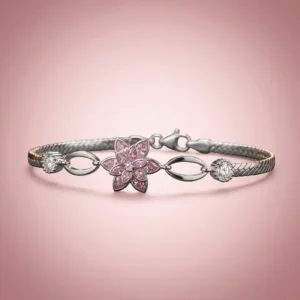 Pembe Renk Lotus Çiçeği Kadın Gümüş Bileklik