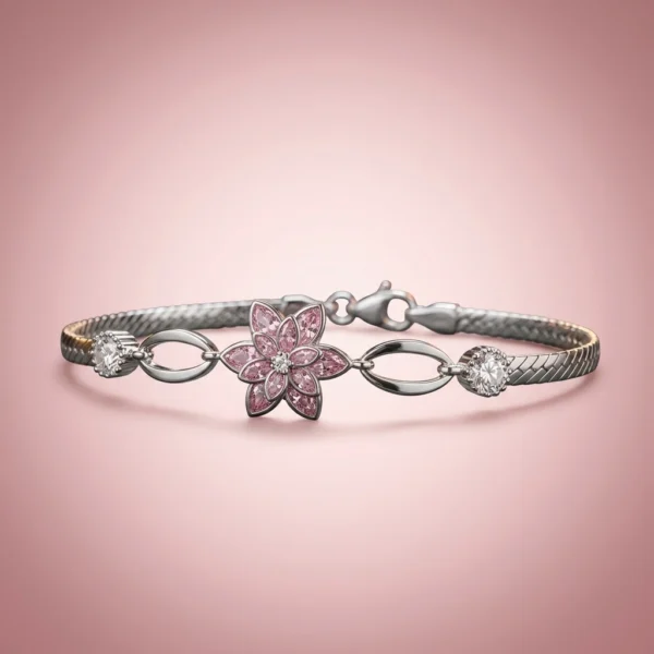 Pembe Renk Lotus Çiçeği Kadın Gümüş Bileklik
