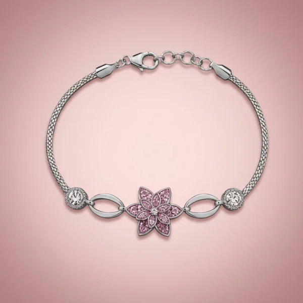 Pembe Renk Lotus Çiçeği Kadın Gümüş Bileklik