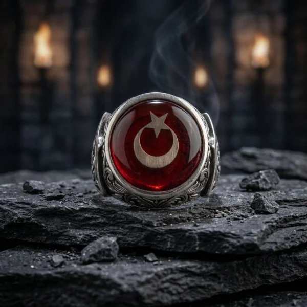 e6df3648 Ay Yıldız Motifli Gravürlü Kırmızı Taşlı Gümüş Erkek Yüzüğü