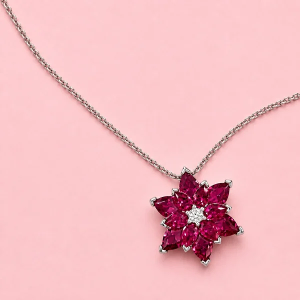 kol171 Koyu Pembe Zirkon Taşlı Çiçek Gümüş Kadın Kolye Modeli