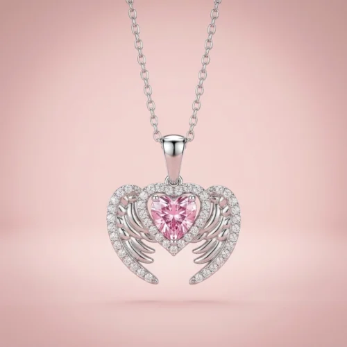 kol20 Pembe Taşlı Melek Kanadı Kalp Kolye Modeli
