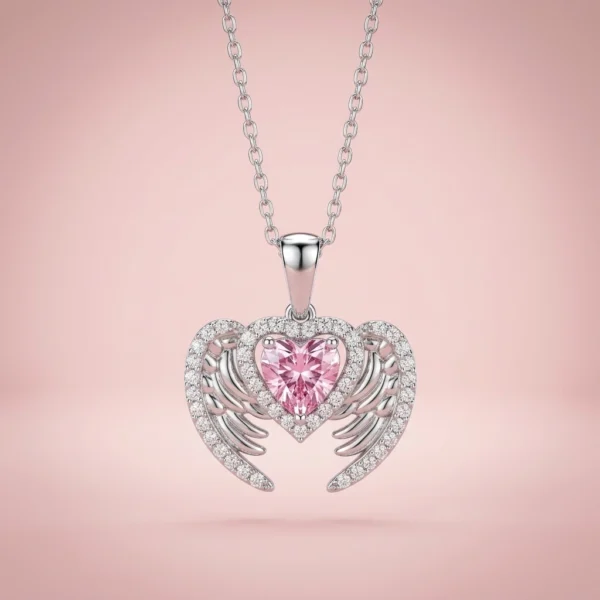Pembe Taşlı Melek Kanadı Kalp Kolye Modeli