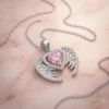 Pembe Taşlı Melek Kanadı Kalp Kolye Modeli