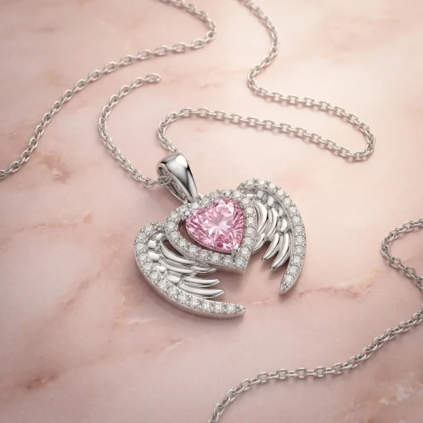 Pembe Taşlı Melek Kanadı Kalp Kolye Modeli