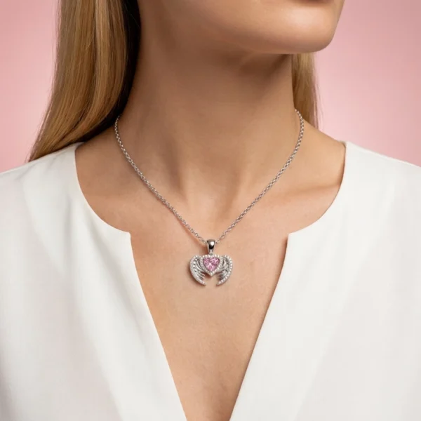 Pembe Taşlı Melek Kanadı Kalp Kolye Modeli