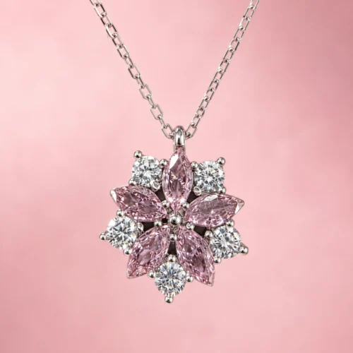 kol230 Pembe Zirkon Taşlı Çiçek Gümüş Kadın Kolye Modeli