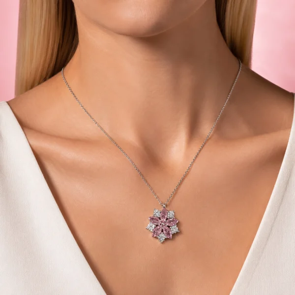 Pembe Zirkon Taşlı Çiçek Gümüş Kadın Kolye Modeli