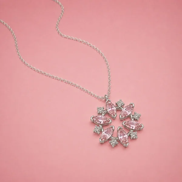 Pembe Zirkon Taşlı Çiçek Gümüş Kadın Kolye Modeli