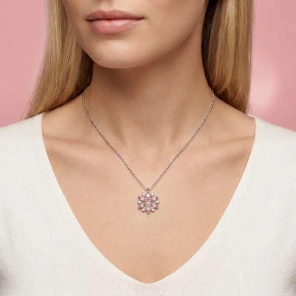 Pembe Zirkon Taşlı Çiçek Gümüş Kadın Kolye Modeli