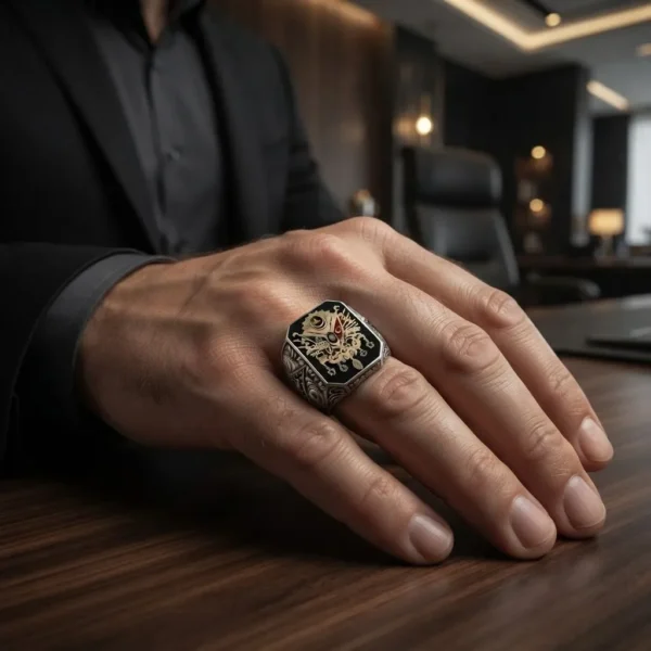 yuz132 Osmanlı Sancağı Modeli Kişiselleştirilebilir Gümüş Erkek Yüzüğü