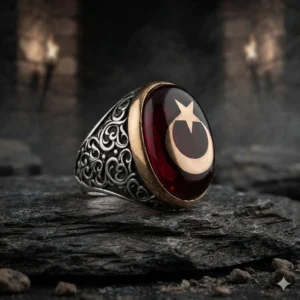Kırmızı Akik Taşlı Ay Yıldızlı Gümüş Erkek Yüzüğü