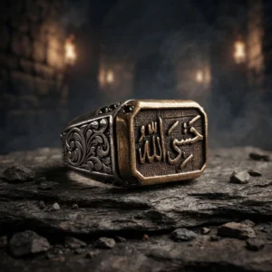 Hasbinallah Yazılı Mikro Taşlı ve Gravürlü Gümüş Erkek Yüzüğü