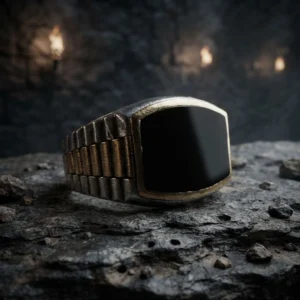 Siyah Oniks Taşlı Rolex Kordon Modeli Gümüş Erkek Yüzüğü