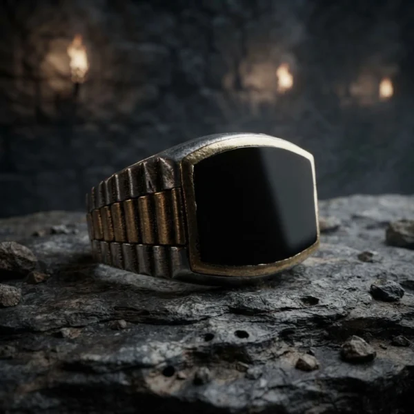 Siyah Oniks Taşlı Rolex Kordon Modeli Gümüş Erkek Yüzüğü