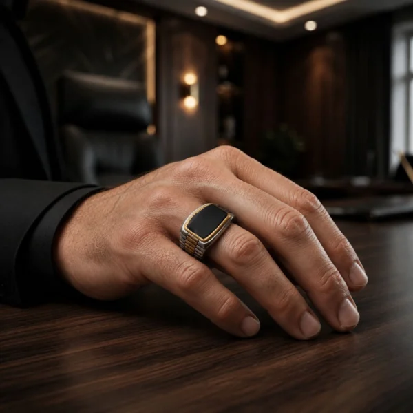 Siyah Oniks Taşlı Rolex Kordon Modeli Gümüş Erkek Yüzüğü