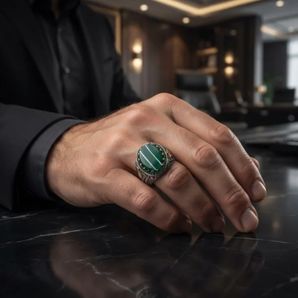 yuz713 Yeşil Akik Taşlı Gümüş Yarırma İşlemeli Yüzük Modeli