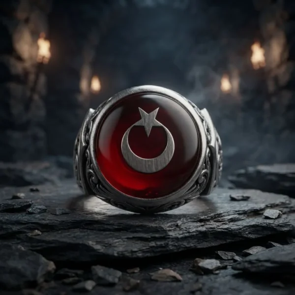 yuz802 Ay Yıldız Motifli Gravürlü Kırmızı Taşlı Gümüş Erkek Yüzüğü