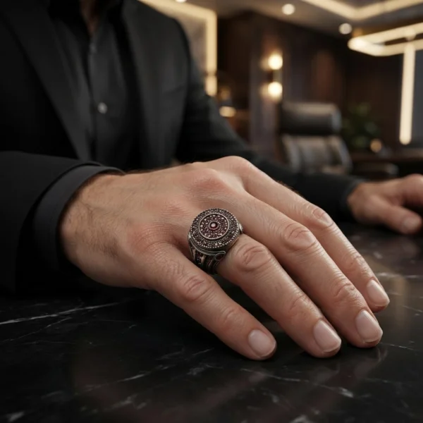 yuz9999 Kırmızı Mikro Taş İşlemeli Gümüş Yüzük Modeli